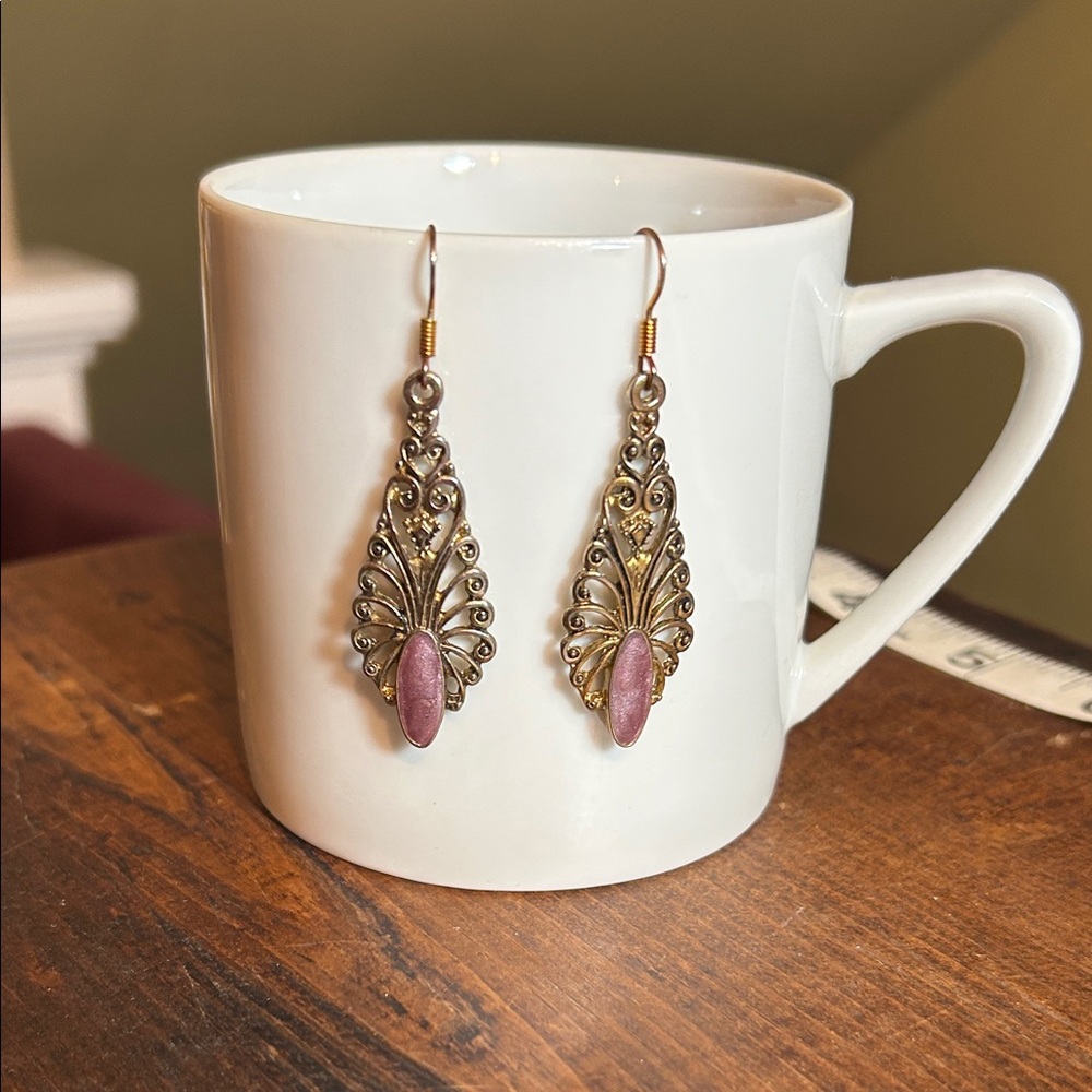 Vintage Gold Silver and Pink Tone Filigree Earrings - Picture 2 of 5